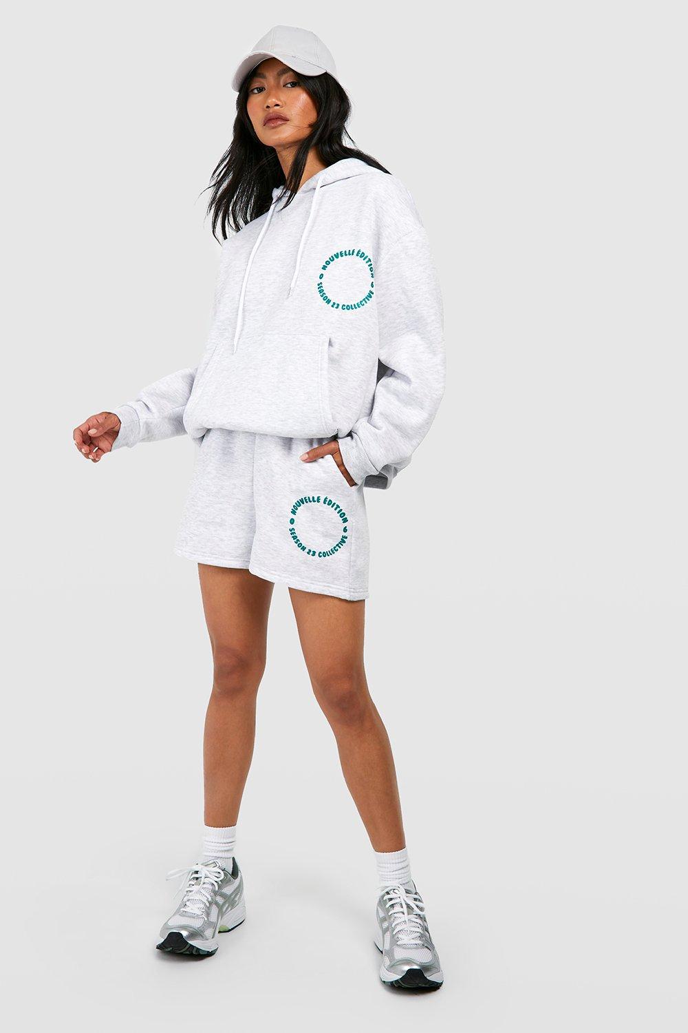 Circle Print Slogan Hooded Short Tracksuit boohoo